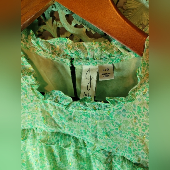 Joie | Mock Neck Floral Chiffon Cap Sleeve Blouse | Mint Green & Gold | Large - Picture 2 of 11